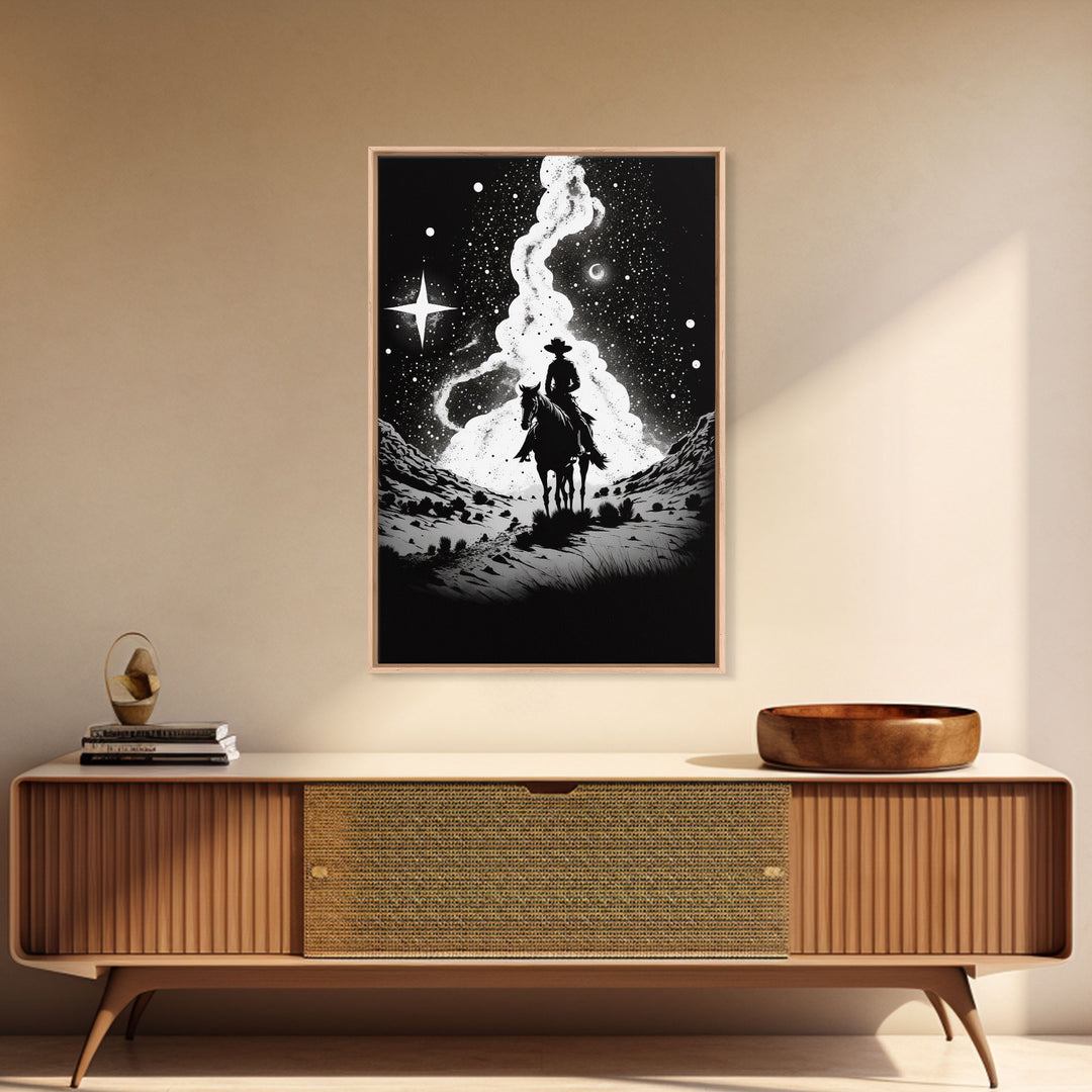 Western Decor, Black and White Cowboy Art, Framed Canvas Print