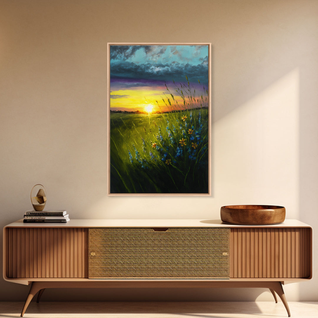 Sunset Over A Texas Field, Watercolor, Framed Canvas Print, Living Room Guest Room Art, Wall Decoration