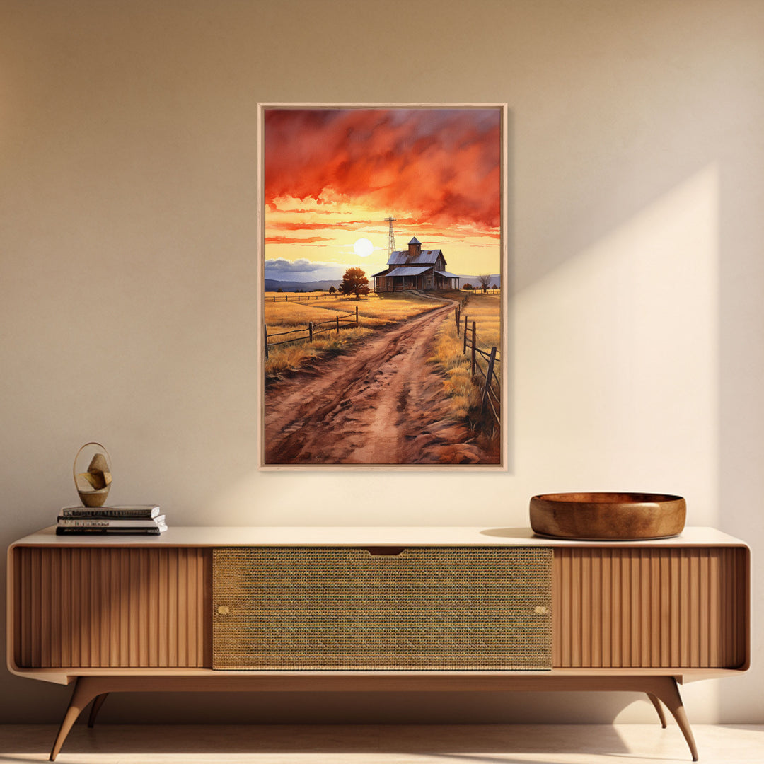 Sunset Over Kansas Farmhouse, Framed Canvas Print or Poster