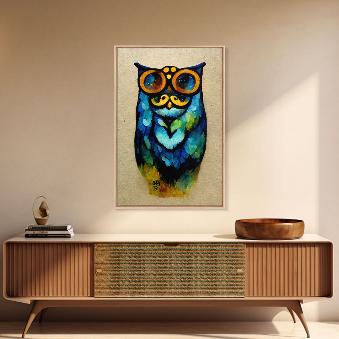 Wise Owl With Glasses Canvas Art - Owl Painting - Owl Wall Decor