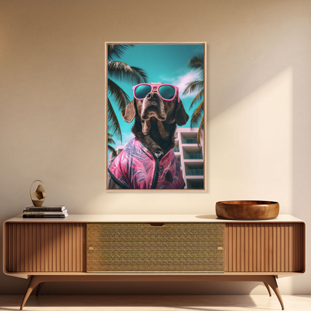 Labrador Dog Wall Print, Dog Wall Art, Dog With Shades, Pink Shirt, Funny Wall Art, Framed Wall Art, Framed Canvas, Wall Print, Wall Canvas