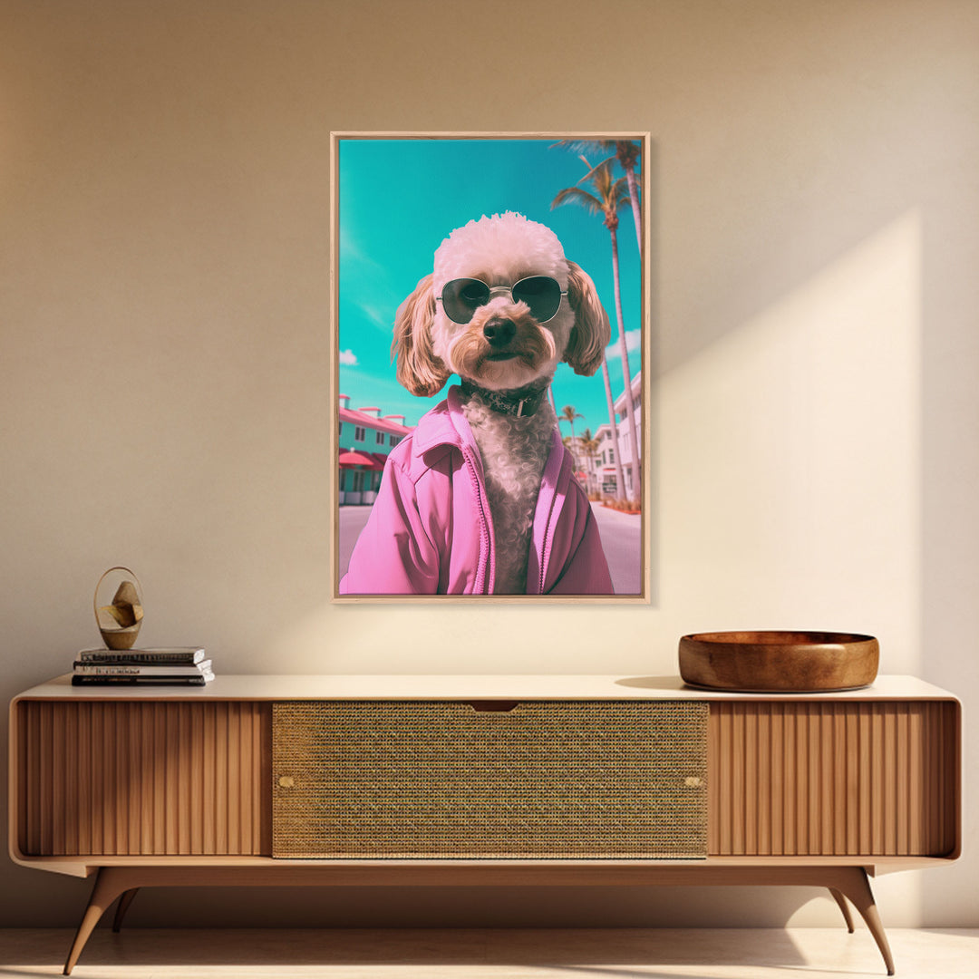 Poodle Dog Wall Print, Dog Wall Art, Dog With Shades, Pink Shirt, Funny Wall Art, Framed Wall Art, Framed Canvas, Wall Print, Wall Canvas