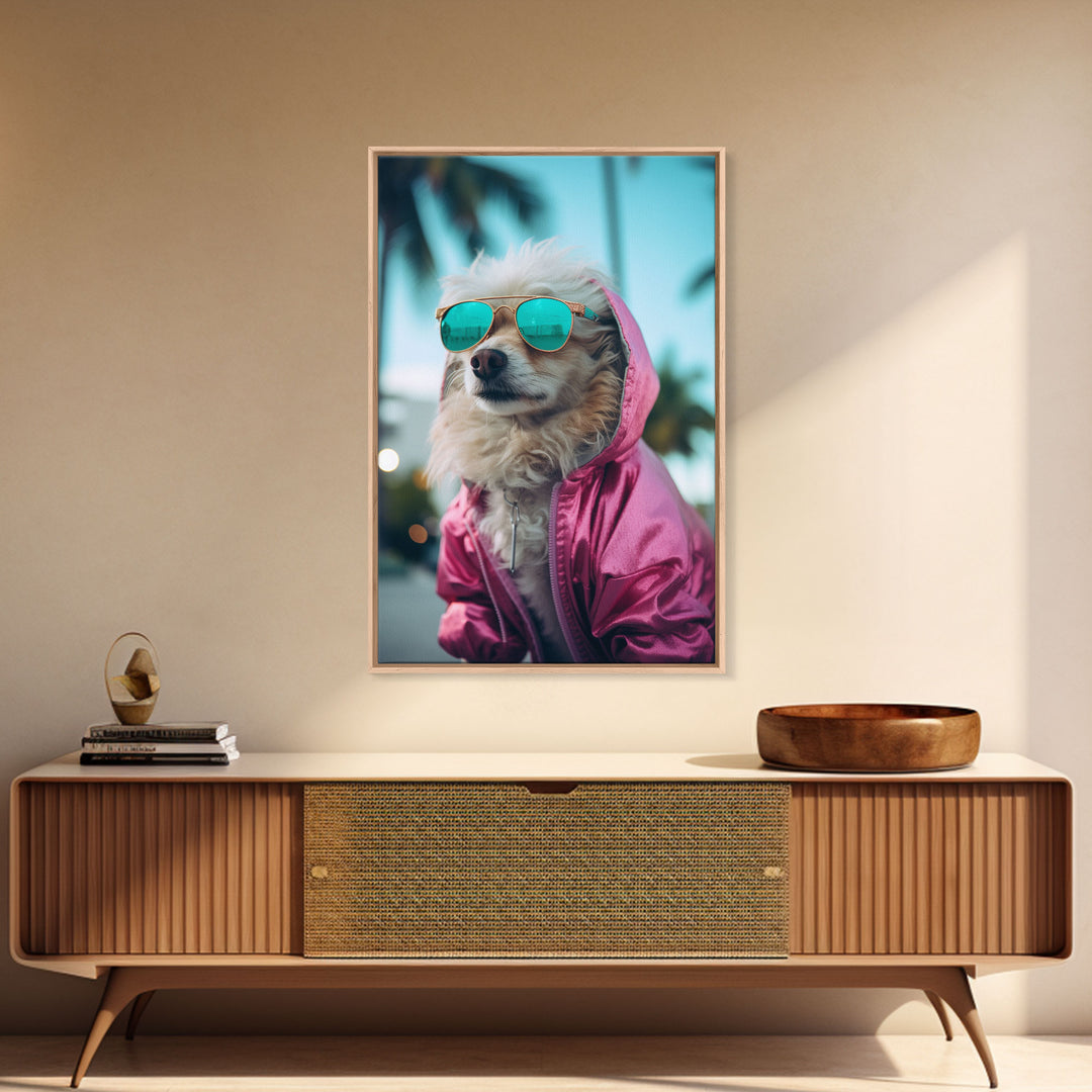 Pomeranian Wall Print, Dog Wall Art, Dog With Shades, Pink Shirt, Funny Wall Art, Framed Wall Art, Framed Canvas, Wall Print, Wall Canvas