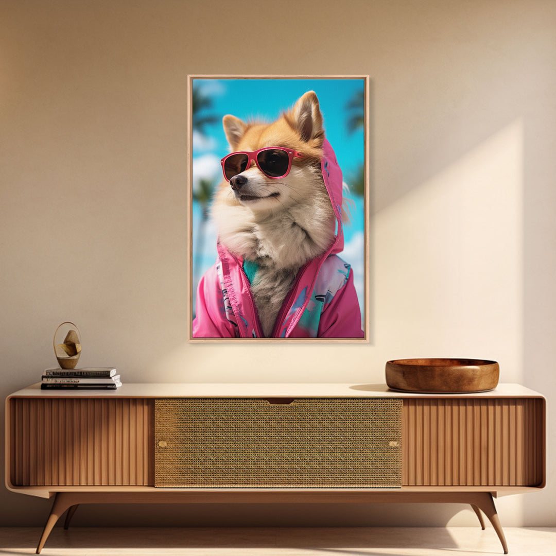 Pomeranian Wall Print, Dog With Shades, Dog Wall Art, Pink Shirt, Funny Wall Art, Framed Wall Art, Framed Canvas, Wall Print, Wall Canvas