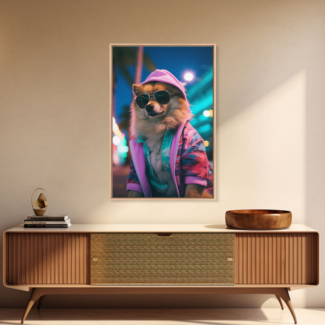 Pomeranian Wall Print, Dog Wall Art, Dog With Shades, Pink Hoodie, Funny Wall Art, Framed Wall Art, Framed Canvas, Wall Print, Wall Canvas