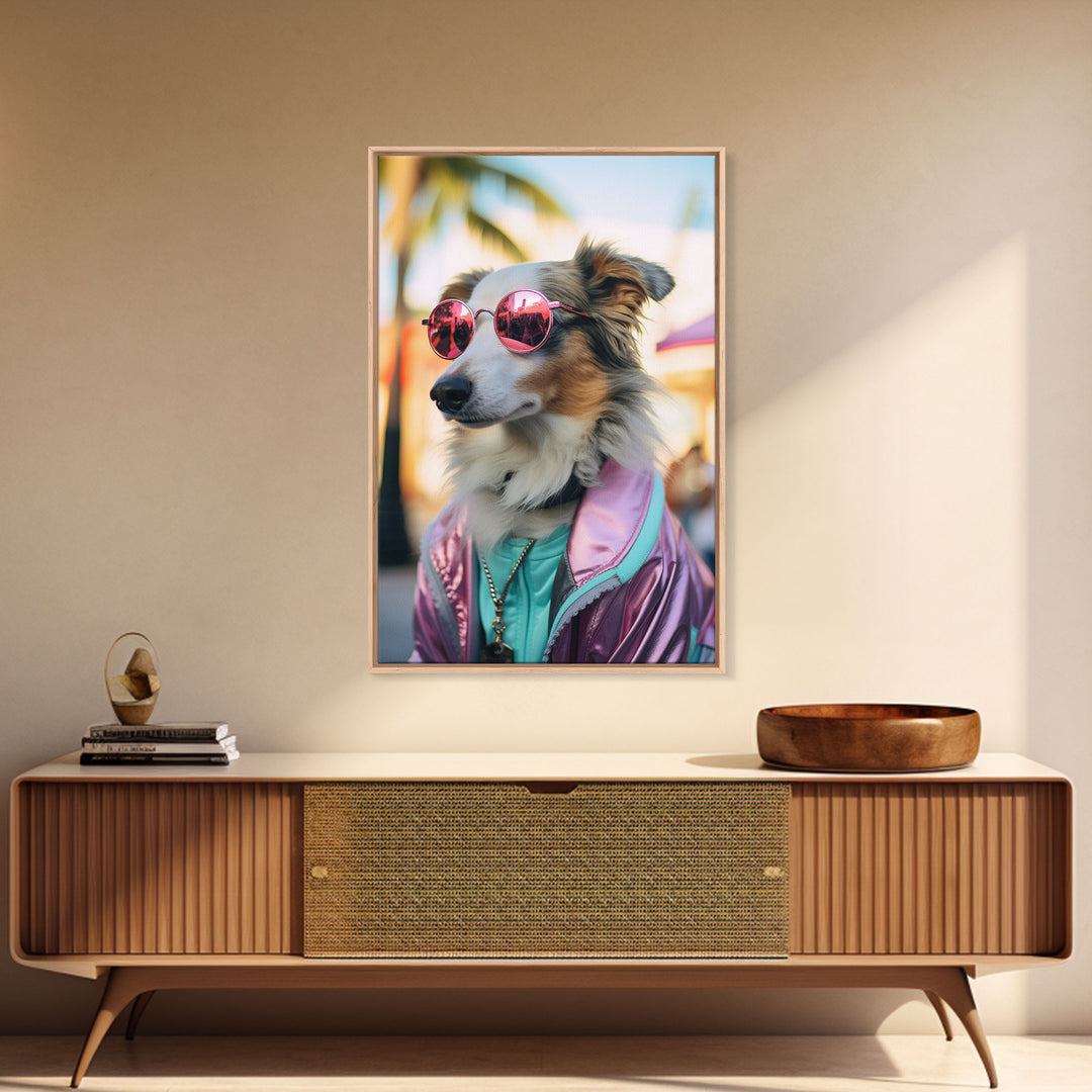 Border Collie Wall Print, Dog Wall Art, Dog With Shades, Pink Hoodie, Funny Art, Framed Wall Art, Framed Canvas, Wall Print, Wall Canvas