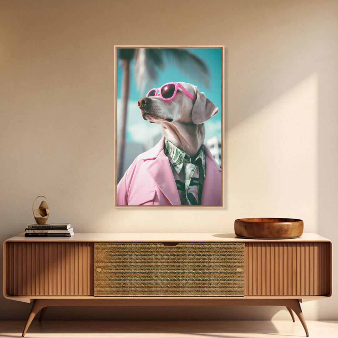 Weimaraner Wall Print, Dog Wall Art, Dog Sunglasses, Pink Suit, Funny Wall Art, Framed Wall Art, Framed Canvas, Wall Print, Wall Canvas