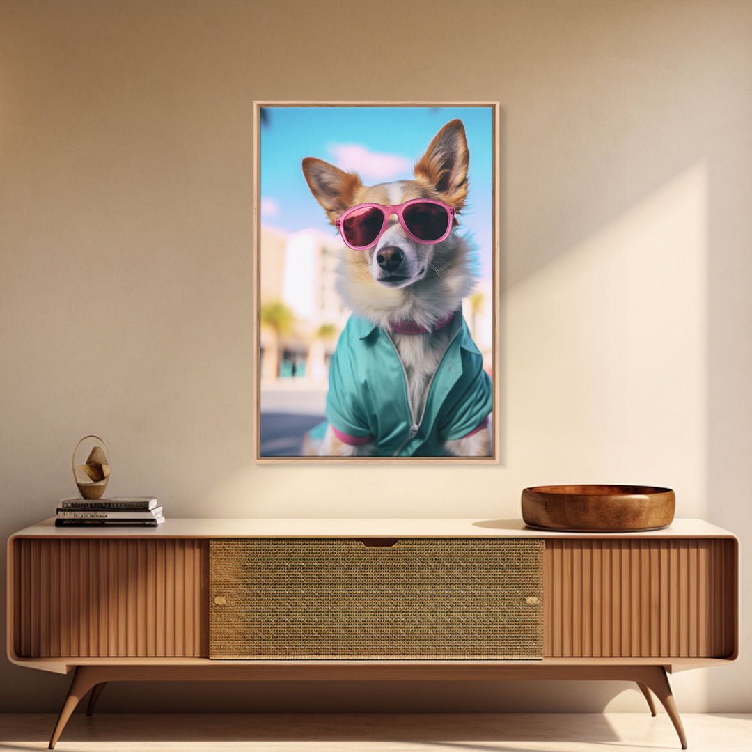 Corgi Wall Print, Dog Wall Art, Dog Sunglasses, Teal Shirt, Funny Wall Art, Framed Wall Art, Framed Canvas, Wall Print, Wall Canvas