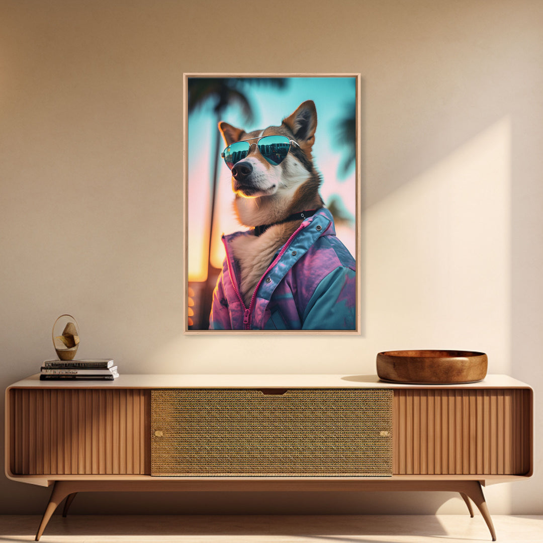 Shiba Inu Wall Print, Dog Art, Dog Sunglasses, Pink Teal Hoodie, Funny Wall Art, Framed Wall Art, Framed Canvas, Wall Print, Wall Canvas