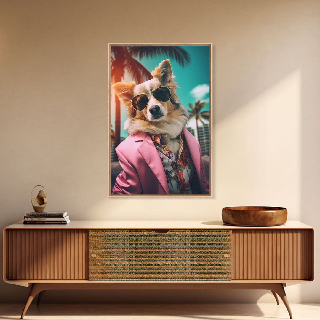 Corgi Wall Print, Dog Wall Art, Dog Sunglasses, Pink Suit, Floral Shirt, Funny Art, Framed Wall Art, Framed Canvas, Wall Print, Wall Canvas