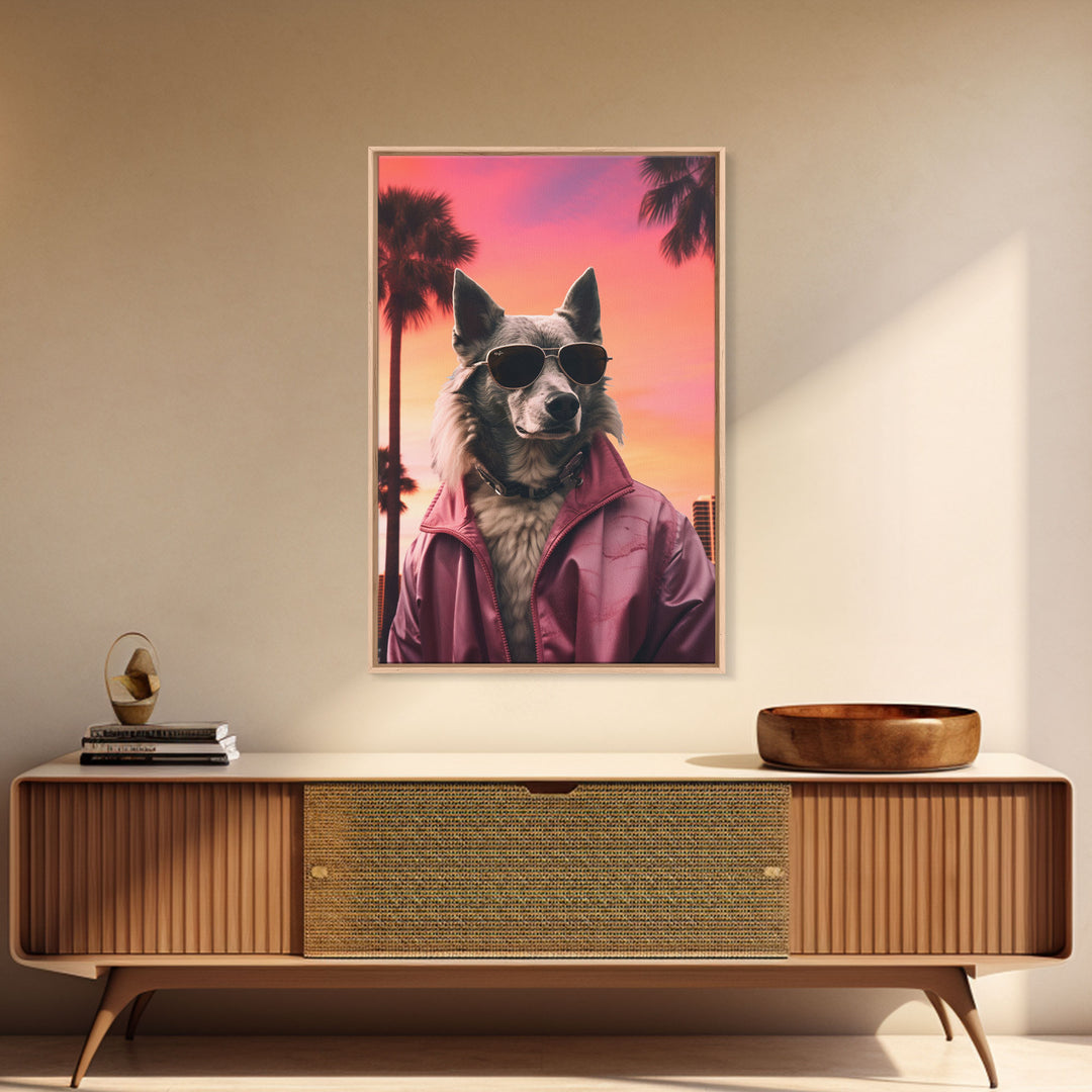 Wolfdog Wall Print, Dog Wall Art, Dog Sunglasses, Dog In Pink Jacket, Funny Art, Framed Wall Art, Framed Canvas, Wall Print, Wall Canvas