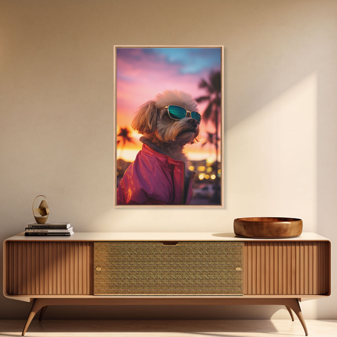 Shih Tzu Wall Print, Dog Portrait, Dog Sunglasses, Dog In Pink Jacket, Funny Art, Framed Wall Art, Framed Canvas, Wall Print, Wall Canvas