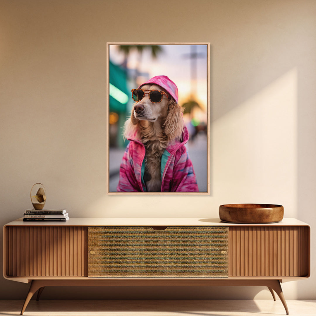 Cocker Spaniel In Sunglasses Pink Shirt Wall Print, Dog Portrait, Dog Art Print, Framed Wall Art, Framed Canvas, Wall Print, Wall Canvas