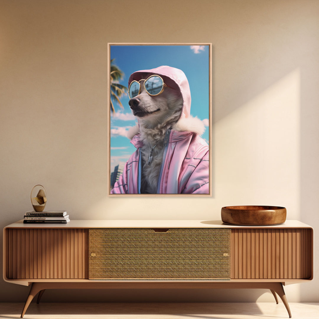 Japanese Spitz In Sunglasses Pink Hoodie Wall Print, Dog Portrait, Dog Art Print, Framed Wall Art, Framed Canvas, Wall Print, Wall Canvas