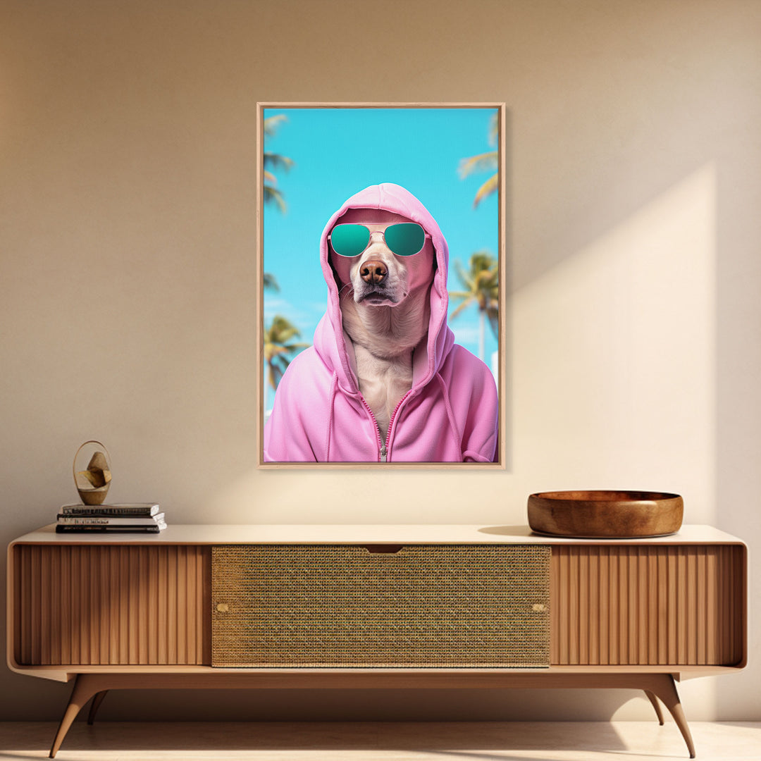 Labrador In Pink Hoodie Sunglasses Wall Print, Dog Portrait, Dog Art Print, Framed Wall Art, Framed Canvas, Wall Print, Wall Canvas