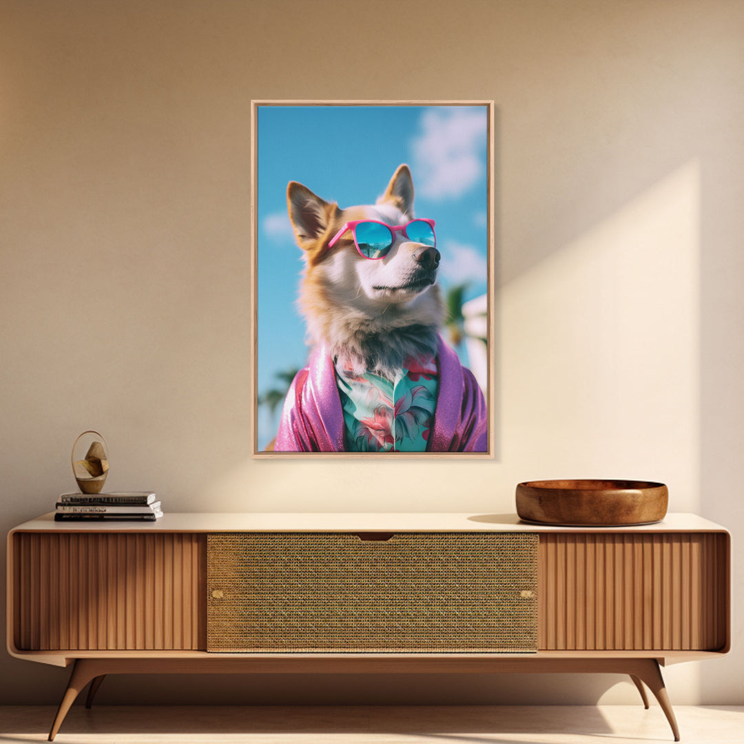 Corgi In Pink Suit Sunglasses Wall Print, Animal Print, Dog Portrait, Dog Art Print, Framed Wall Art, Framed Canvas, Wall Print, Wall Canvas