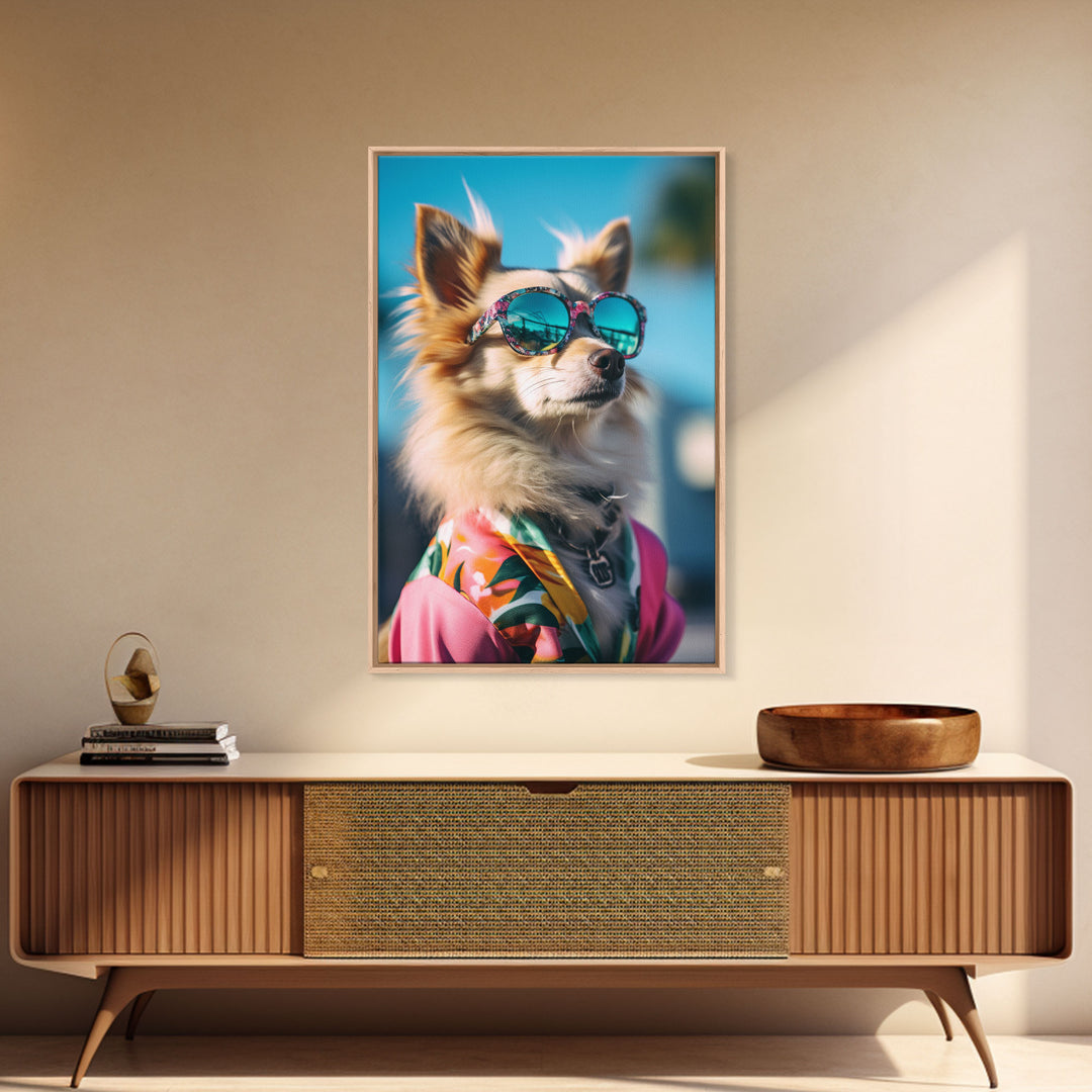 Long Haired Chihuahua In Pink Suit Sunglasses Wall Print, Dog Portrait, Dog Print, Framed Wall Art, Framed Canvas, Wall Print, Wall Canvas