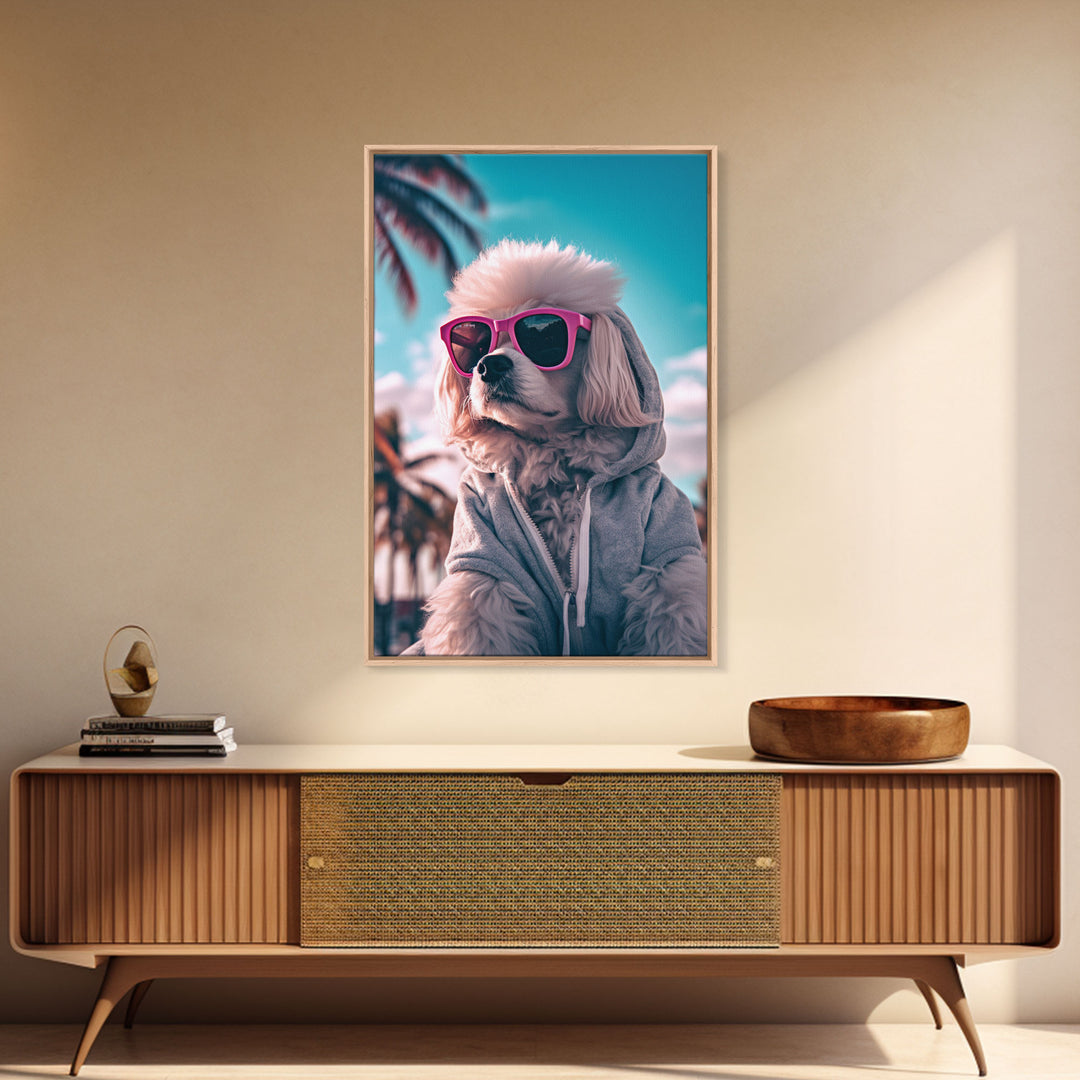 Poodle In Grey Hoodie Sunglasses Wall Print, Dog Art Print, Dog Portrait, Dog Print, Framed Wall Art, Framed Canvas, Wall Print, Wall Canvas