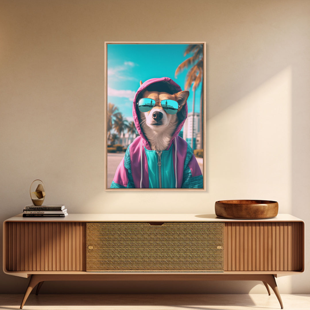 Corgi In Pink And Blue Hoodie Sunglasses Wall Print, Dog Art Print, Dog Portrait, Framed Wall Art, Framed Canvas, Wall Print, Wall Canvas