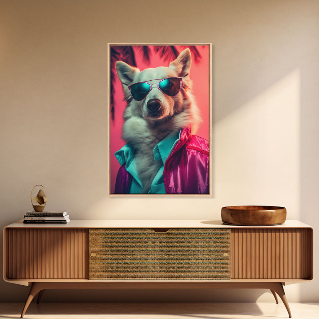 Corgi In Pink Suit Sunglasses Wall Print, Dog Décor, Dog Art Print, Dog Portrait, Framed Wall Art, Framed Canvas, Wall Print, Wall Canvas