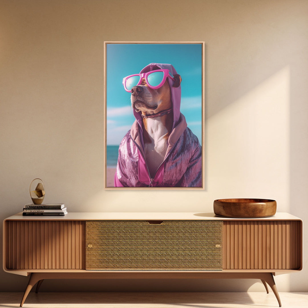 Pit Bull In Pink Hoodie Sunglasses Wall Print, Dog Décor, Dog Print, Dog Portrait, Framed Wall Art, Framed Canvas, Wall Print, Wall Canvas