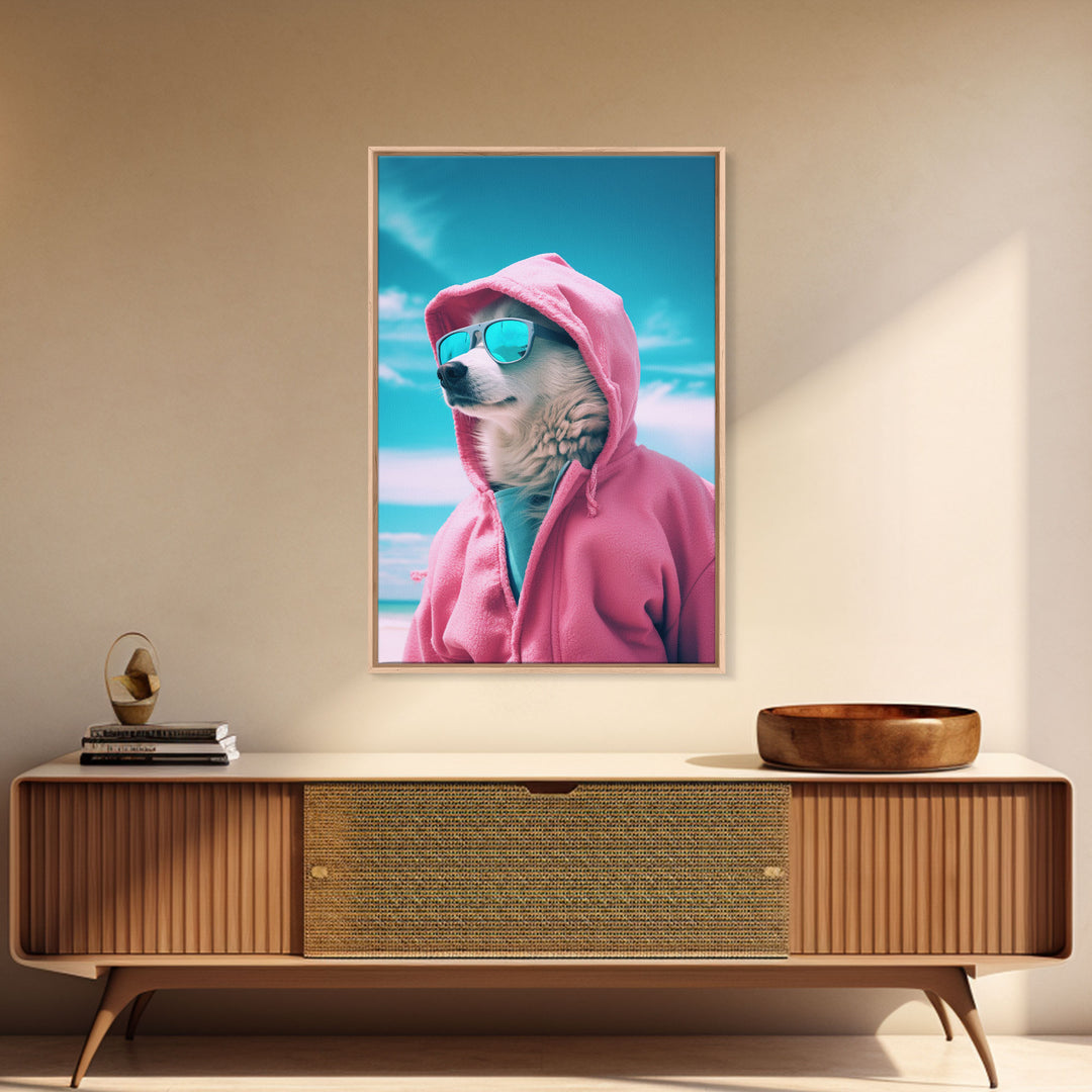 Husky In Pink Hoodie Sunglasses Wall Print, Dog Décor, Dog Print, Dog Portrait, Framed Wall Art, Framed Canvas, Wall Print, Wall Canvas