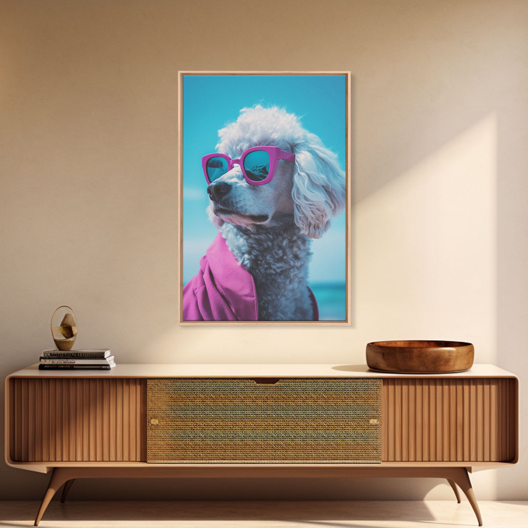 Poodle In Pink Shirt Sunglasses Wall Print, Beach Art, Dog Print, Dog Portrait, Framed Wall Art, Framed Canvas, Wall Print, Wall Canvas