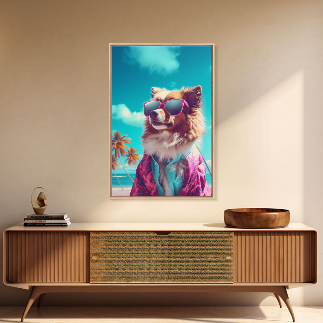 Pomeranian In Pink Shirt Sunglasses Wall Print, Beach Art, Dog Print, Dog Portrait, Framed Wall Art, Framed Canvas, Wall Print, Wall Canvas