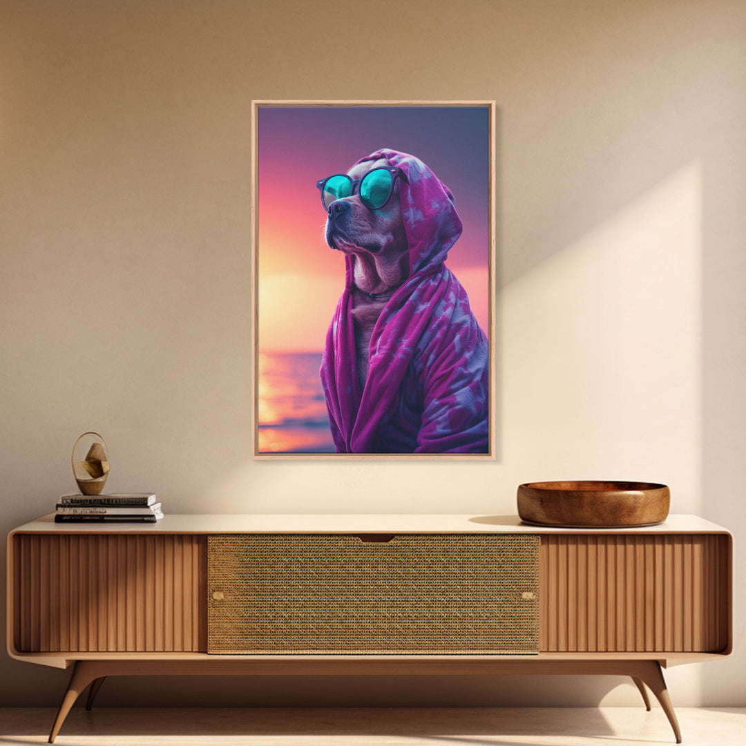 Pit Bull In Pink Hoodie Sunglasses Wall Print, Beach Art, Dog Print, Dog Portrait, Framed Wall Art, Framed Canvas, Wall Print, Wall Canvas