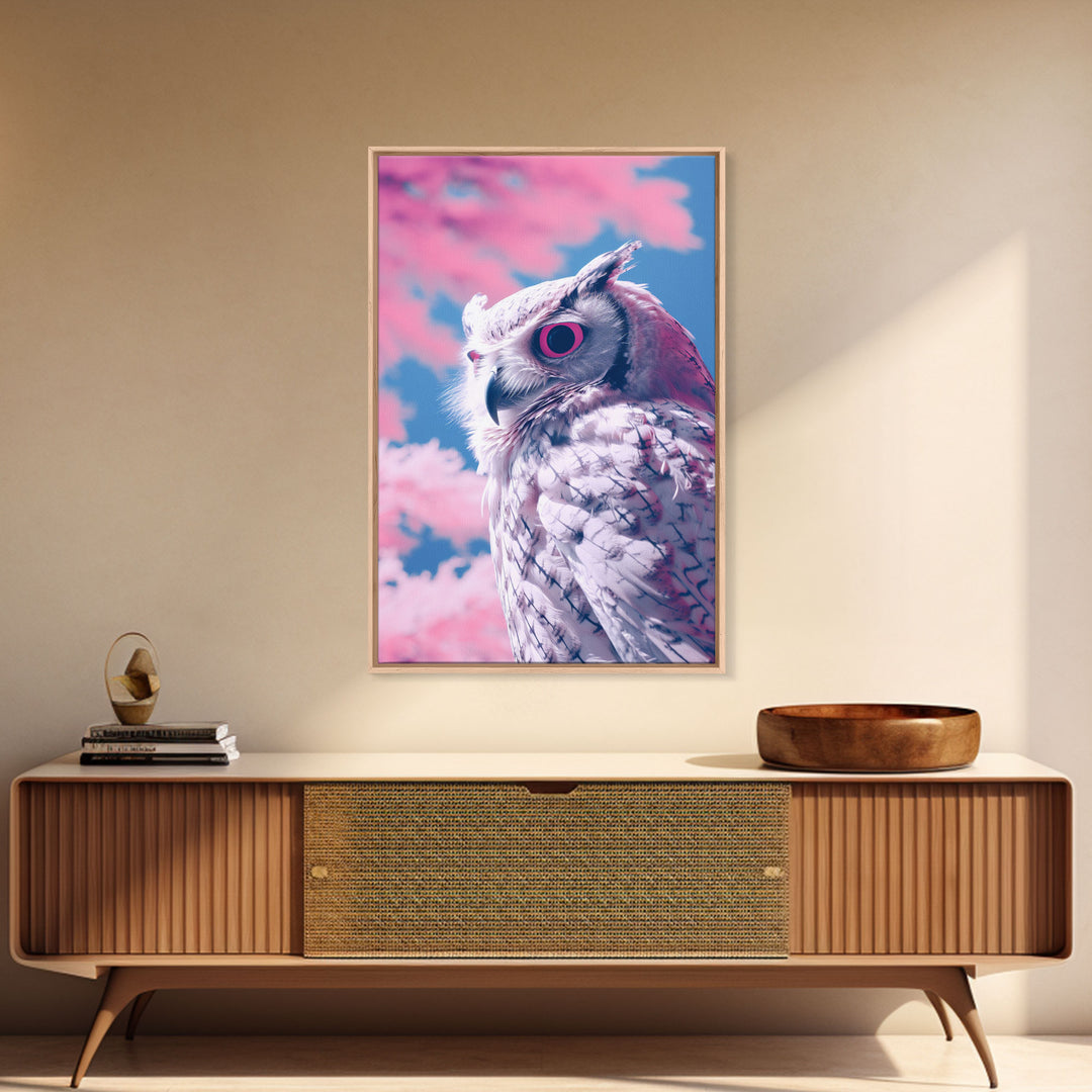 White Owl Wall Print, Animal Art Print, Pink Clouds, Wildlife Art, Bird Wall Art, Framed Wall Art, Framed Canvas, Wall Print, Wall Canvas