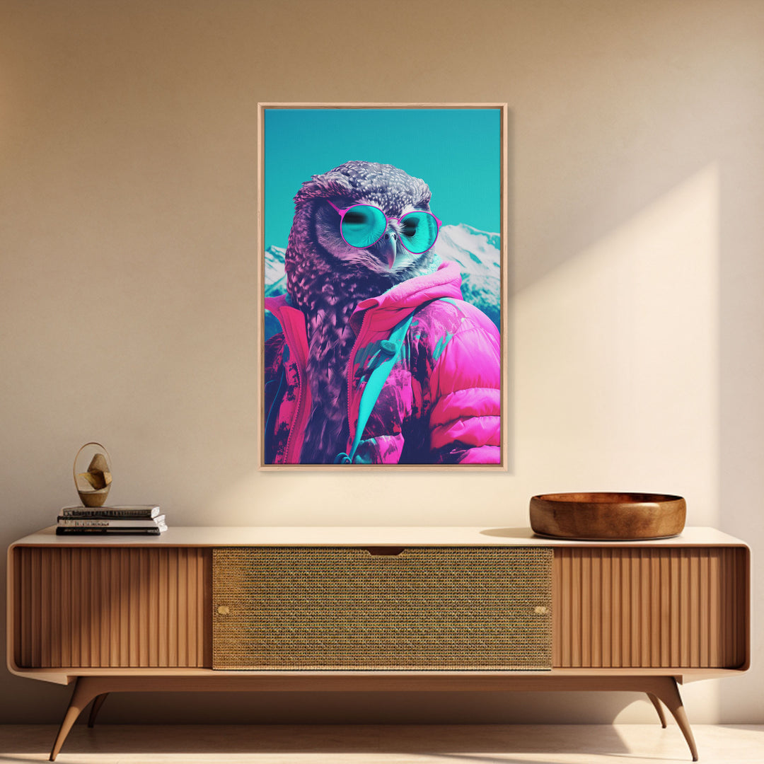 Owl In Pink Jacket Sunglasses Wall Print, Animal Art Print, Bird Wall Art, Framed Wall Art, Framed Canvas, Wall Print, Wall Canvas