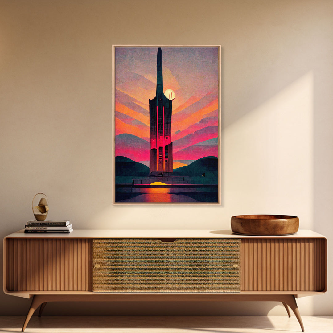 Spooky full moon art deco architecture wall art, Art Deco clock tower canvas print, Art Deco Skyscraper, Ready To Hang