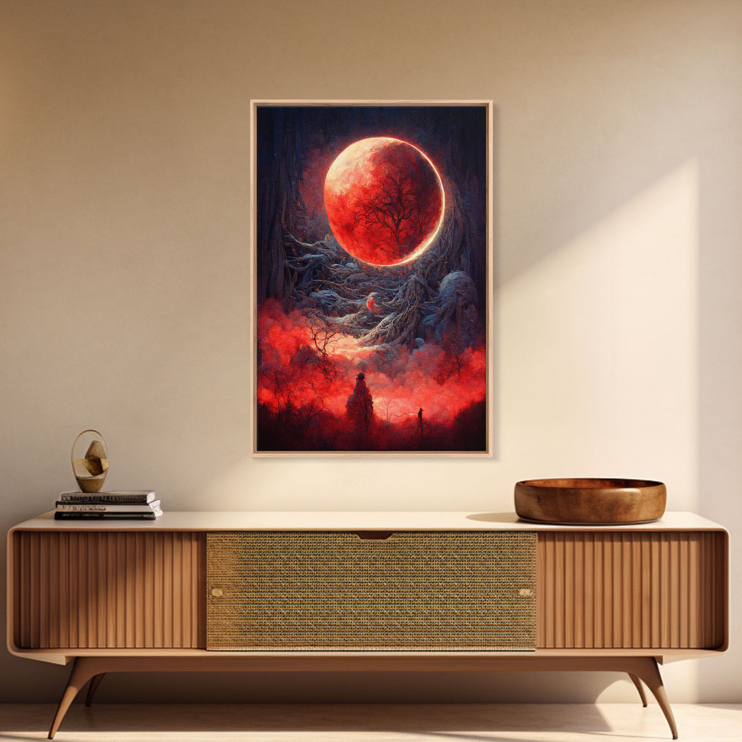 Spooky Horror Canvas Print, Bloodmoon Sunset, Blood moon, Halloween Wall Art, Cosmic Horror, Ready To Hang