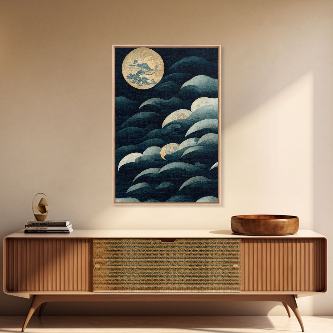 Japanese Style Wall Art, A Stormy Sea and Full Moon, Canvas Print, ready to hang wall art