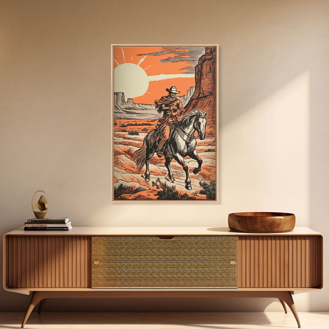 Rustic Horse Rider Oil Painting Canvas Print, Vintage Western Cowboy Art, Southwest Room Decor, Countryside Print, Country Art