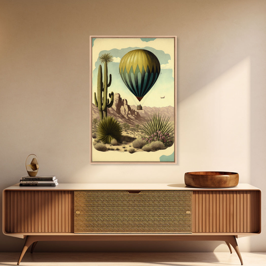 Retro Art Deco Style Hot Air Balloon Art, Framed Canvas print, framed wall art, desert landscape with cactus