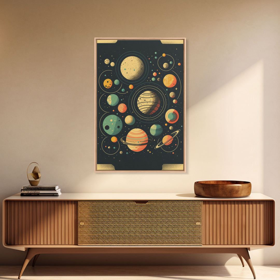 Art Deco Inspired Planetary Solar System Art, Framed Canvas Print, Cute Nursery Decor