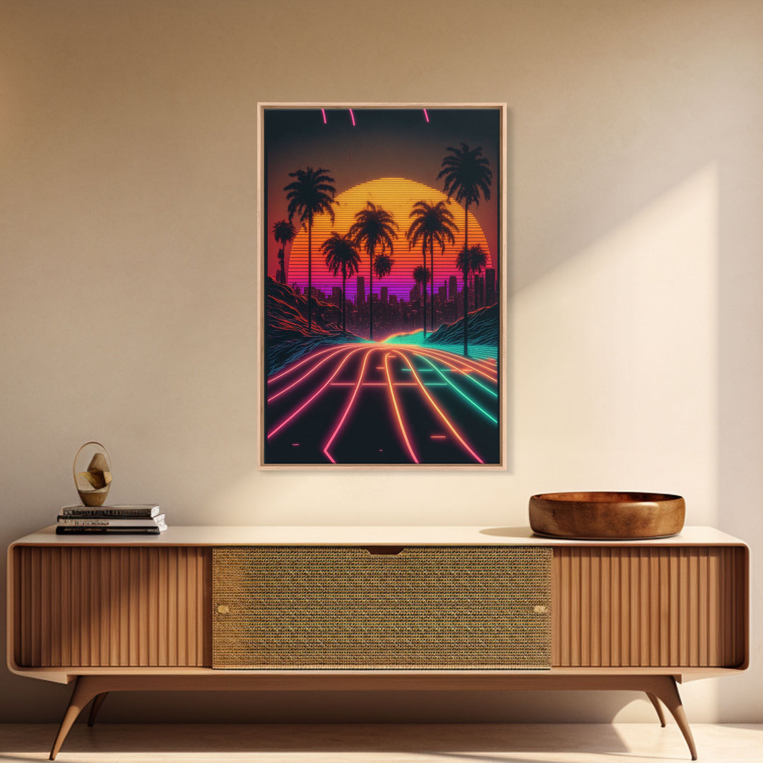 Neon Wireframe Road at Sunset, Outrun / Synthwave Palm Tree Art, 80s Retro Inspired Art, Framed Canvas Print