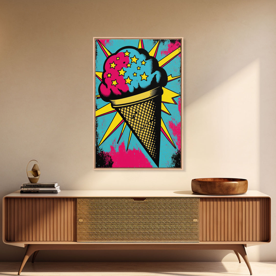 Pop Art Ice Cream, Psychedelic Ice cream cone, framed canvas print, large wall art, wall decoration, ice cream shop art