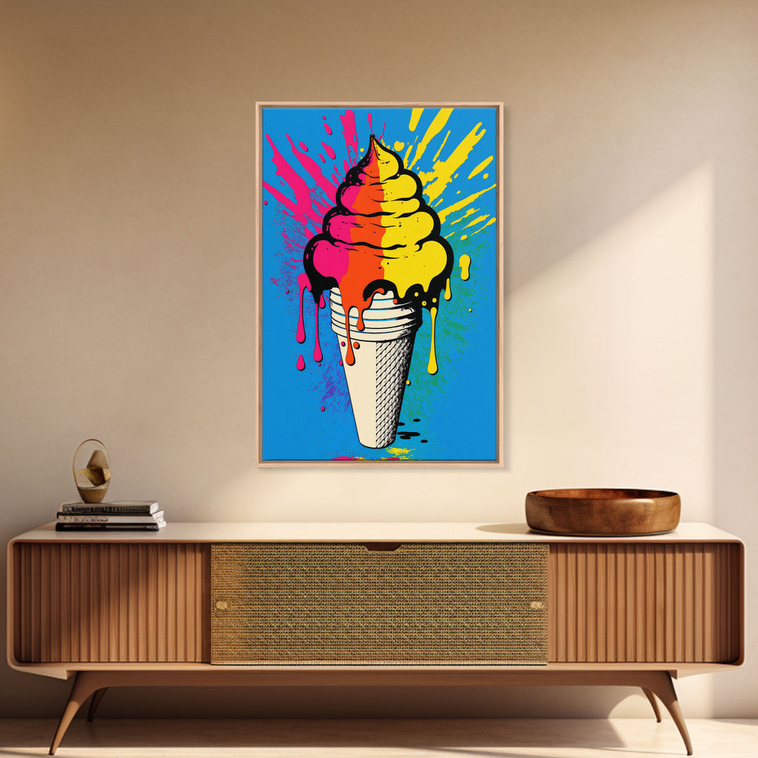 Pop Art Graffiti Ice Cream, Framed Canvas Print, Unique Colorful Wall Art, Paint Splatter Graffiti art, large wall art home decor