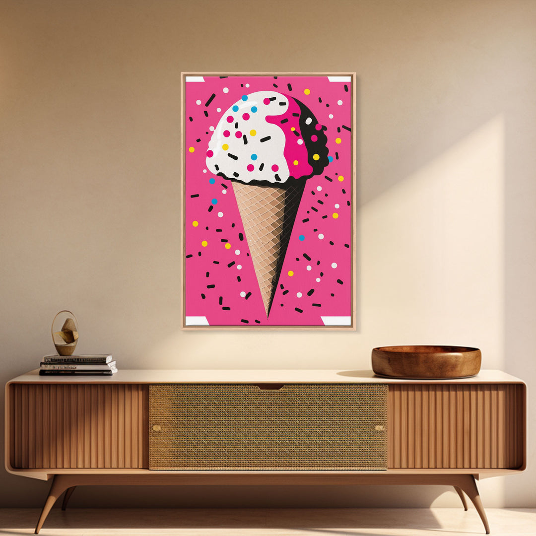 Pop Art Graffiti Ice Cream With Sprinkles, Framed Canvas Print, Colorful Wall Art, Paint Splatter Graffiti art, large wall art home decor