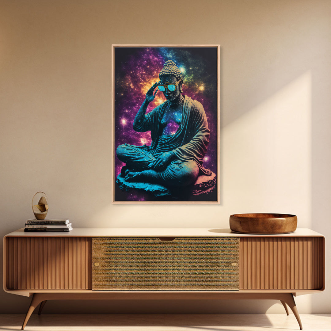 Psychedelic Buddha Wearing Aviators / Sunglasses, Meditation Art, Framed Canvas Print