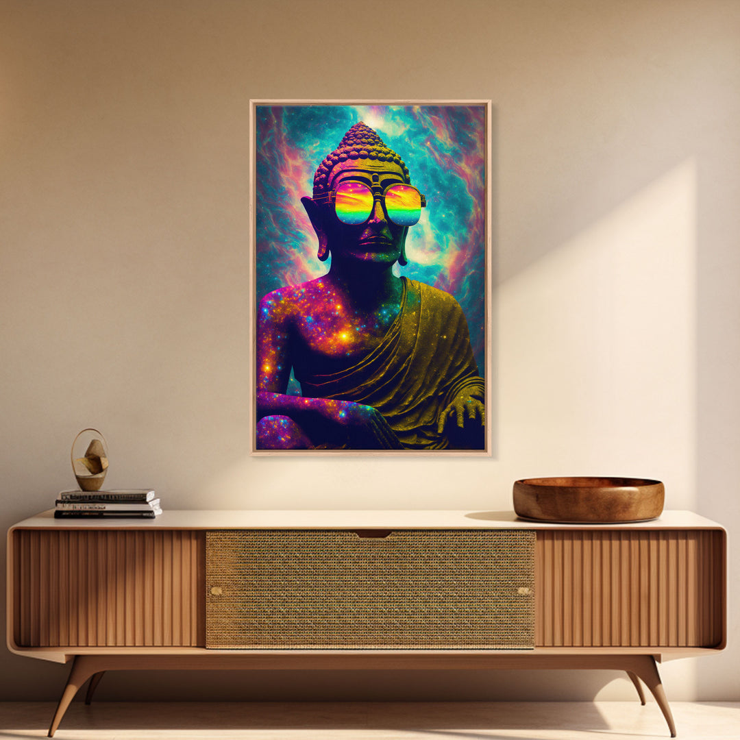 Open Your Mind, Psychedelic Buddha Wearing Aviators / Sunglasses, Meditation Art, Framed Canvas Print, Color Pop Art