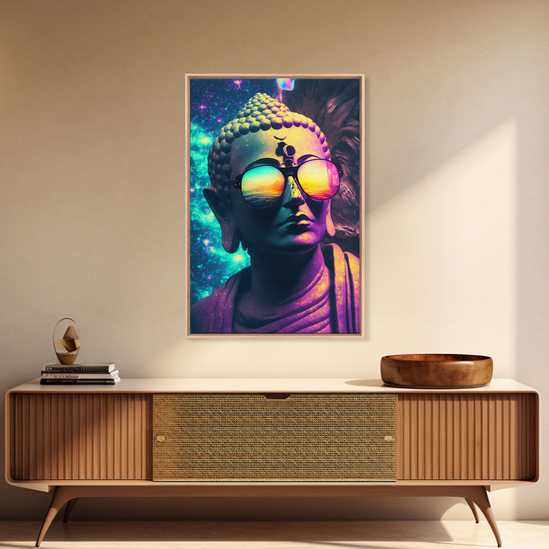 Open Your Mind, Psychedelic Buddha Statue Wearing Aviators / Sunglasses, Meditation Art, Framed Canvas Print, Color Pop Art