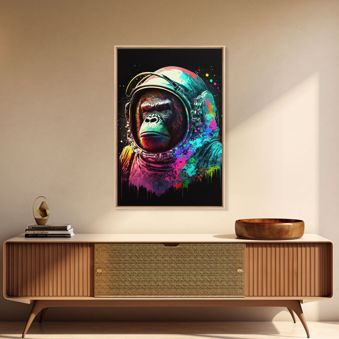 To The Moon, Space Gorilla Astronaut, Framed Canvas Print, GME, NFT Style Decor, Large Wall Art, Ape Astronaut, Psychedelic Graffiti Art