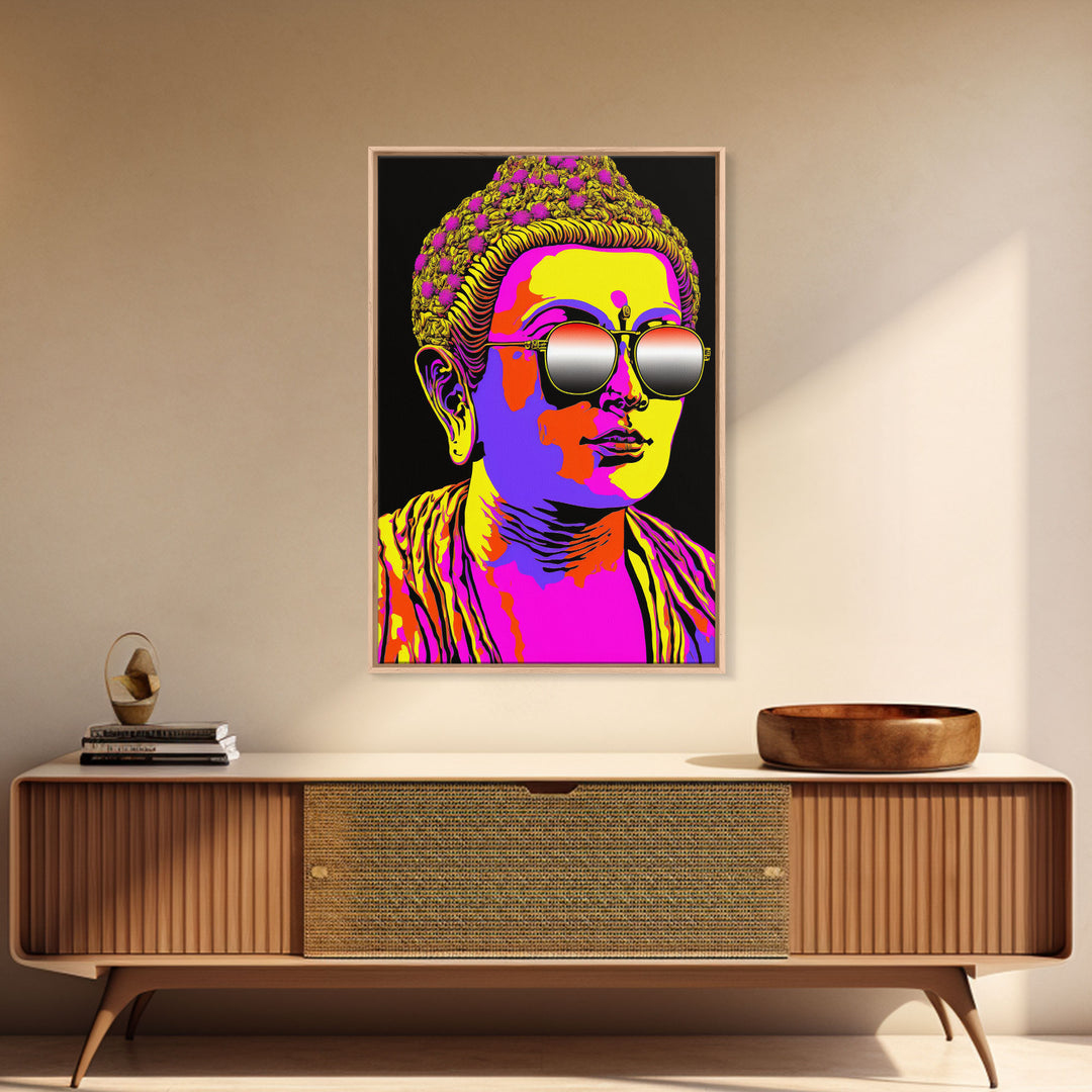 Heatwave Buddha Statue Wearing 80s Style Sunglasses, Framed Canvas Print, Psychedelic Meditation Buddhism Art, Art Deco Sunburst Buddha Art