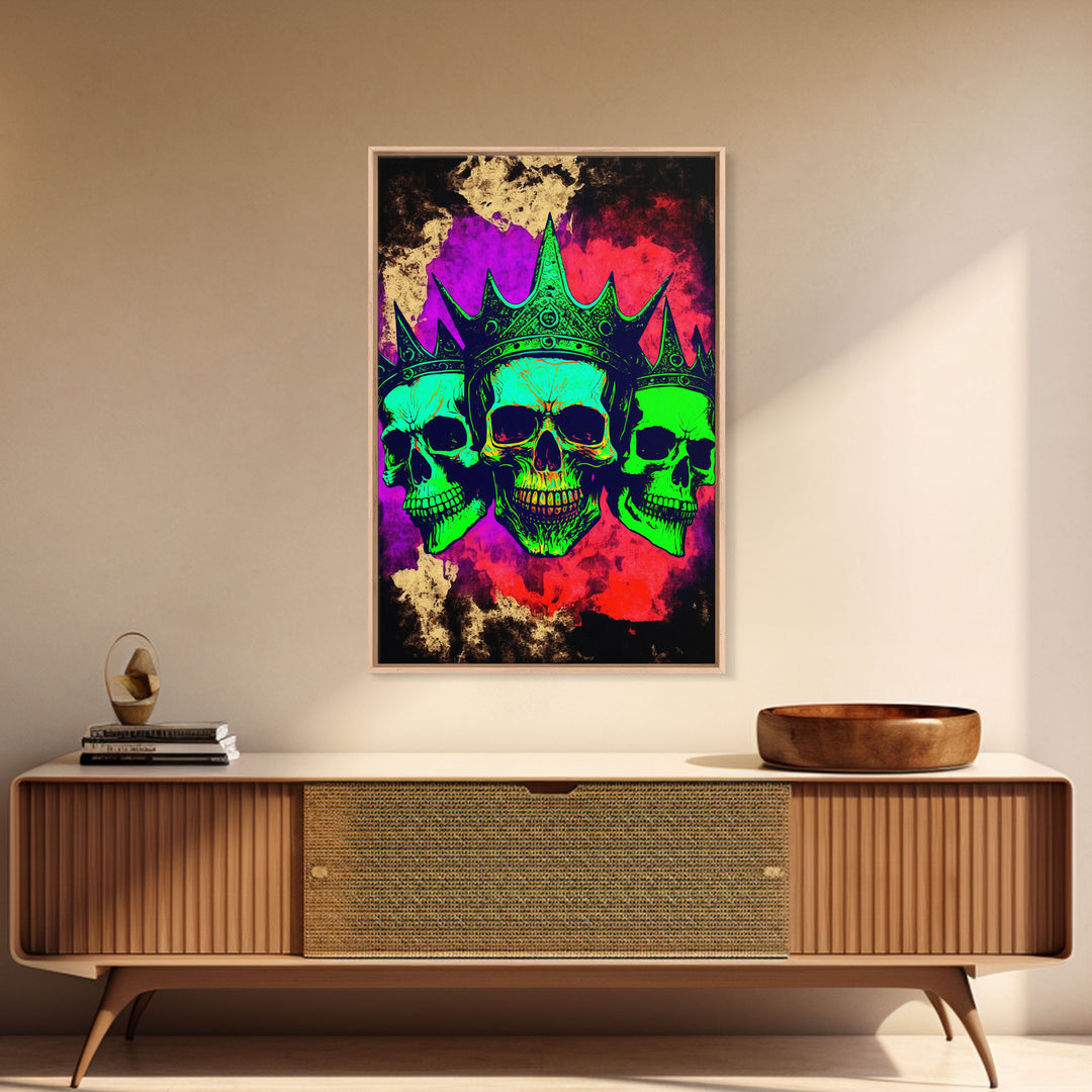 Psychedelic Skull With The Gold Crown, Framed Canvas Print, Unique Fantasy Undead Wall Art, Trippy Art