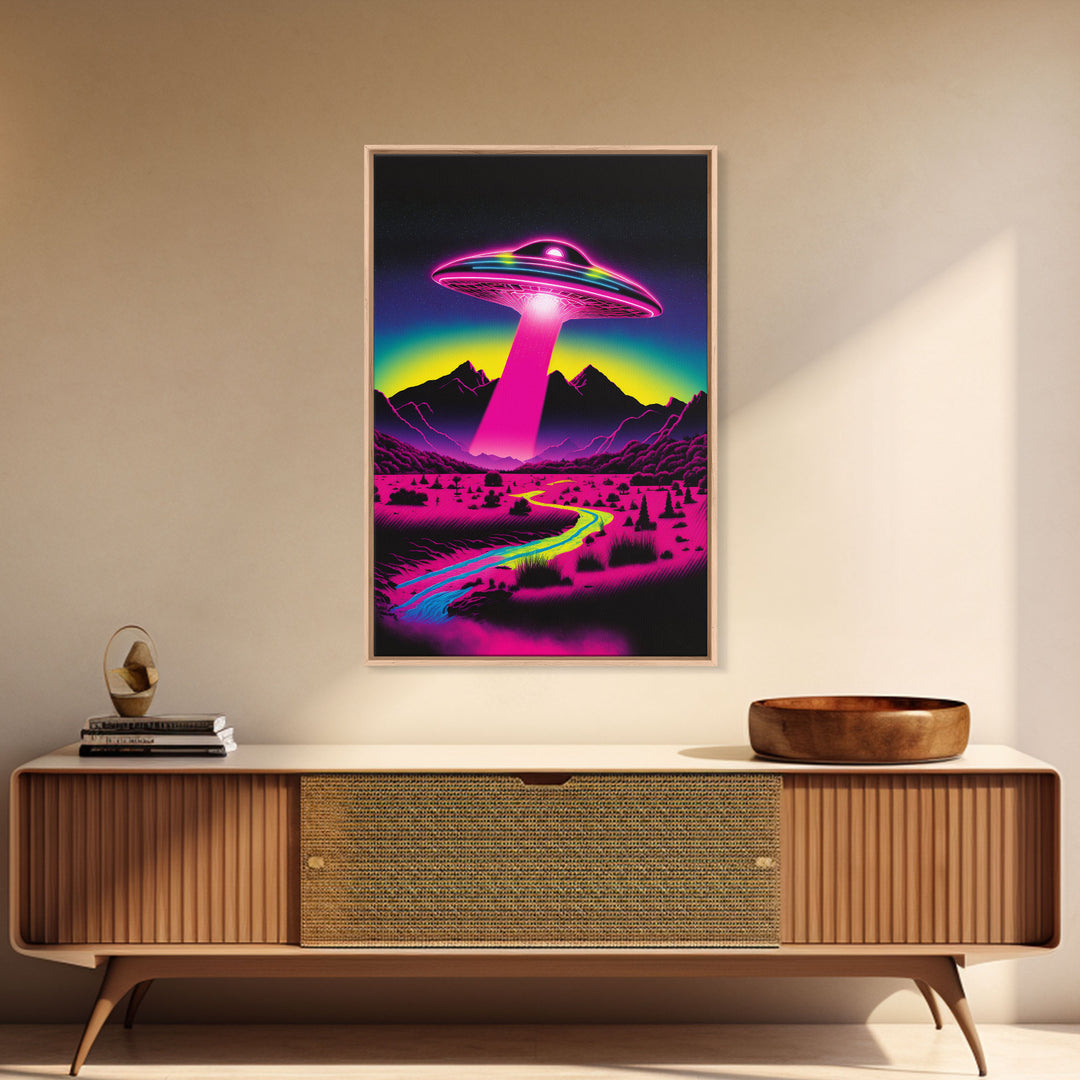 Psychedelic UFO Art, The Abduction, Retro 80s Style Scifi Art, Framed Canvas Print