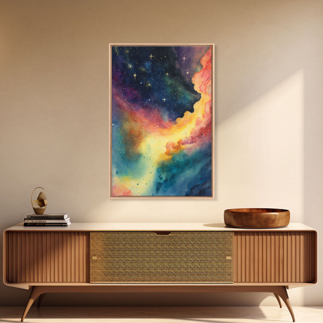 The Rainbow Nebula, Deep Space Art, Framed Canvas Print, Watercolor Painting of Space