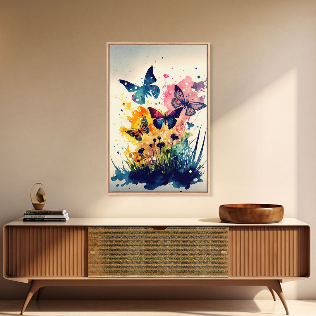 Watercolor Painting Of Butterfly and Wild Flowers, Framed Canvas Print, Colorful Living Room Wall Arrt